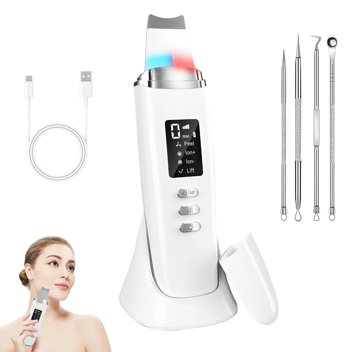Peeling Ultrasónico Facial, Limpiador Ultrasonidos Facial, 4 Modos e Intensidad Ajustable, Extractores de puntos negros, Skin Scrubber Removedor de Puntos Negros para Dispositivo de Belleza
