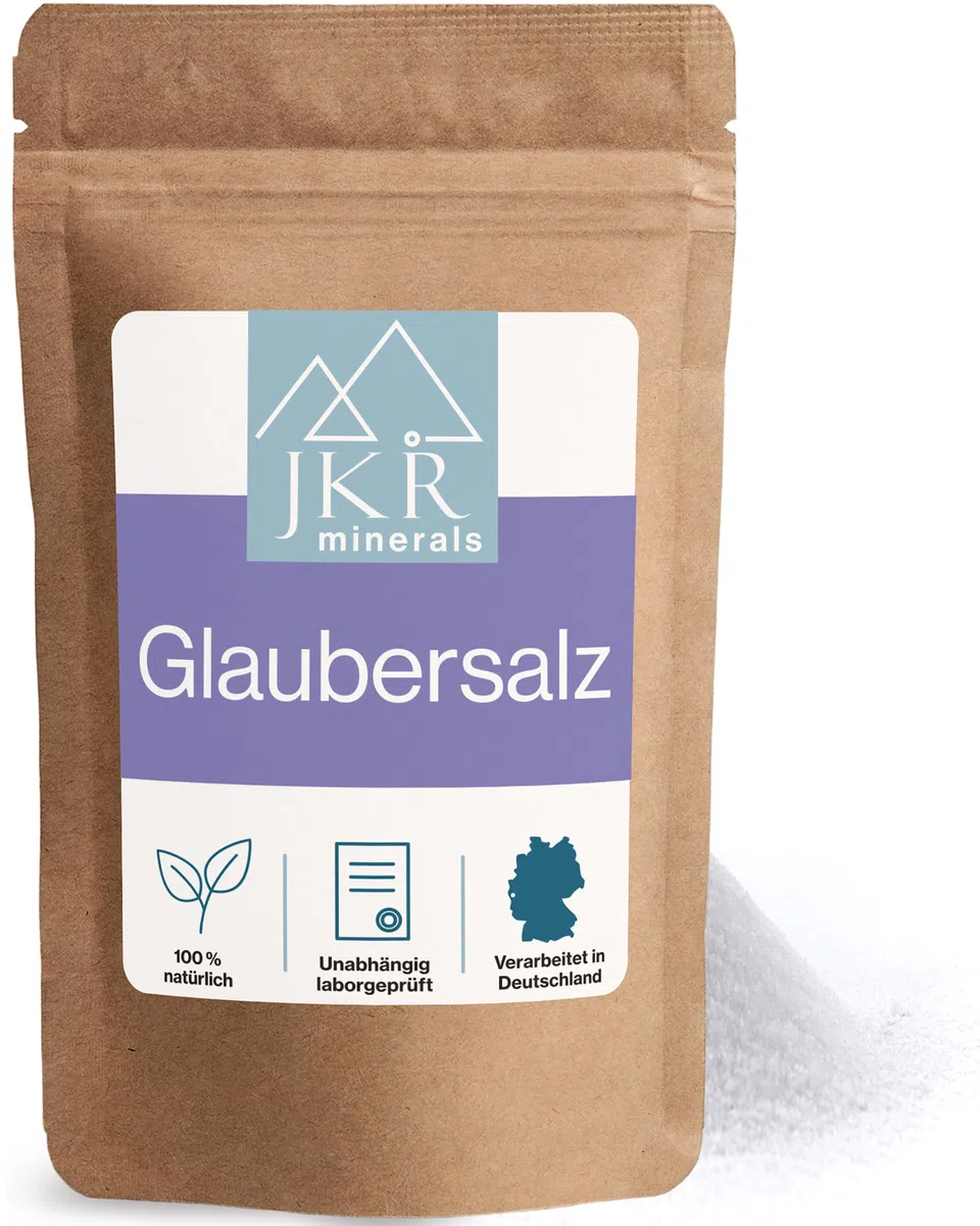 JKR Minerals Sal de Glauber 900g, sal de Glauber de calidad alimentaria, sulfato de sodio grado alimenticio, Na₂SO₄ en bolsa neutra en CO₂ y resellable