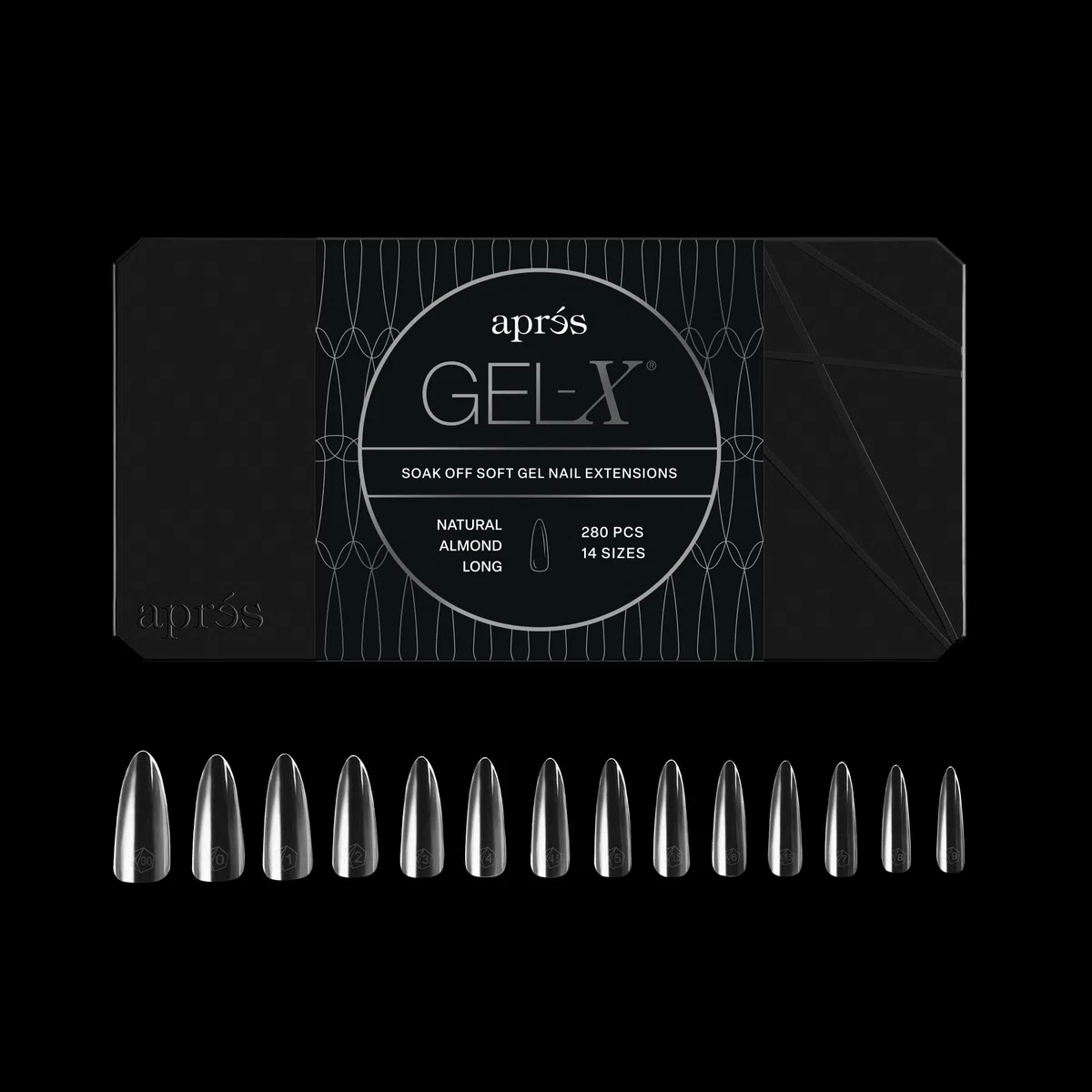 Apres Gel-X - Caja de uñas de almendra | 280 puntas de gel X, puntas suaves, 14 tamaños 00-9 | Medio tamaño incluido (almendra natural larga, 280 unidades)