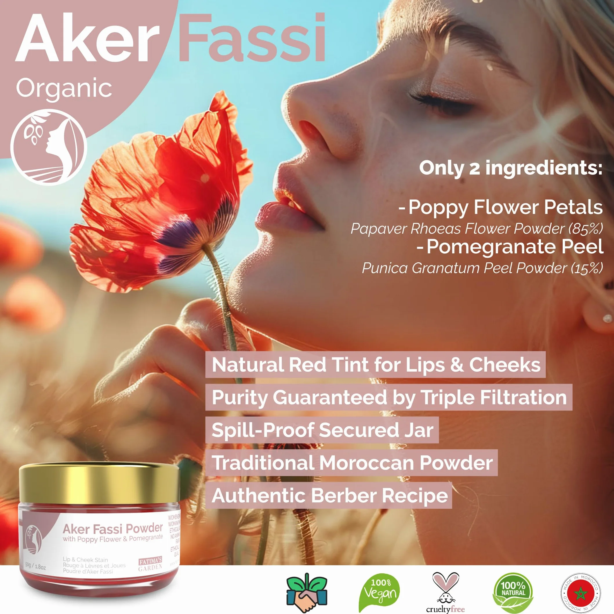 Fatima's Garden Polvo Natural Aker Fassi con Cáscara de Granada - Tinte Tradicional Marroquí para Labios y Mejillas 100g