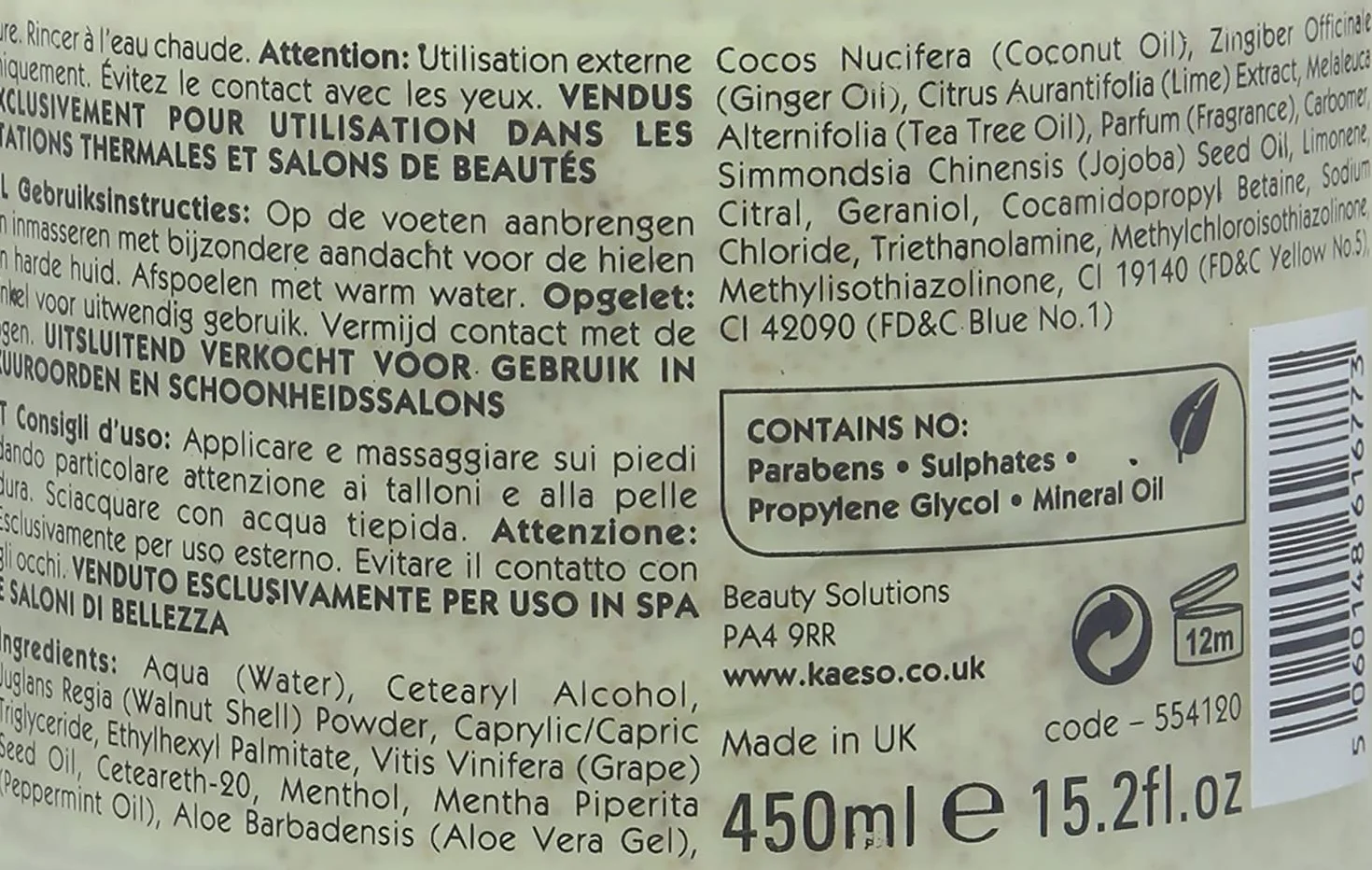 Kaeso Lima y Jengibre Tingle Foot Scrub 450 ml
