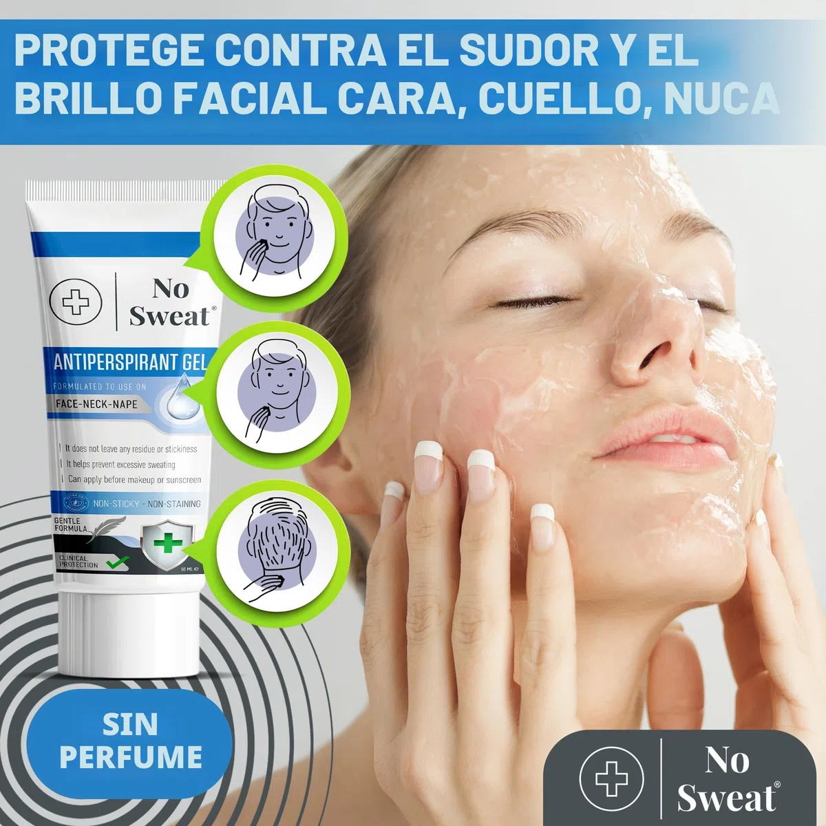 No Sweat Gel antitranspirante facial 50 ml. Para cara, cuello y nuca, ayuda a prevenir el exceso de sudoración y brillo, ideal para trabajo activo y gimnasio