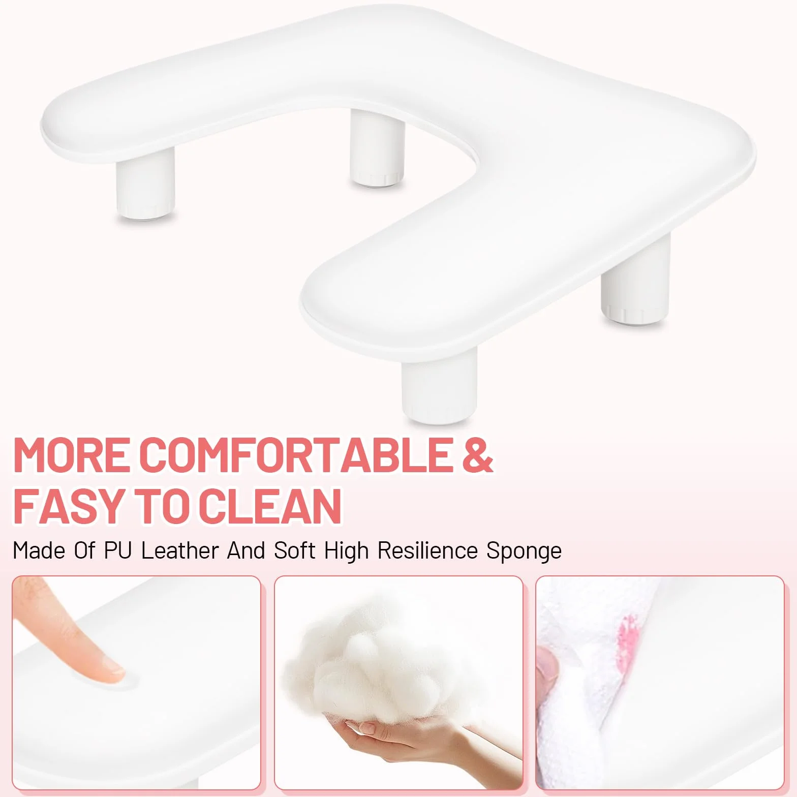 Reposabrazos para Uñas de U para manicura – Reposamanos para Uñas,Almohadilla para manos ajustable en altura de cuero PU antideslizante,cojín de apoyo para técnicas de uñas – Blanco