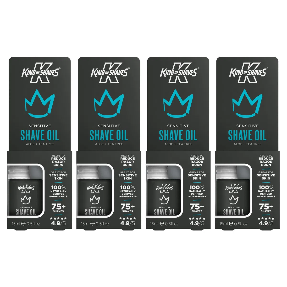 King of Shaves Aceite de Afeitar Sensible para Hombres Pack Cuádruple, Aloe Vera y Árbol de Té, Fórmula Clara Sin Espuma, Reduce Irritación, Vegano, Tamaño de Viaje, 4 x 15ml