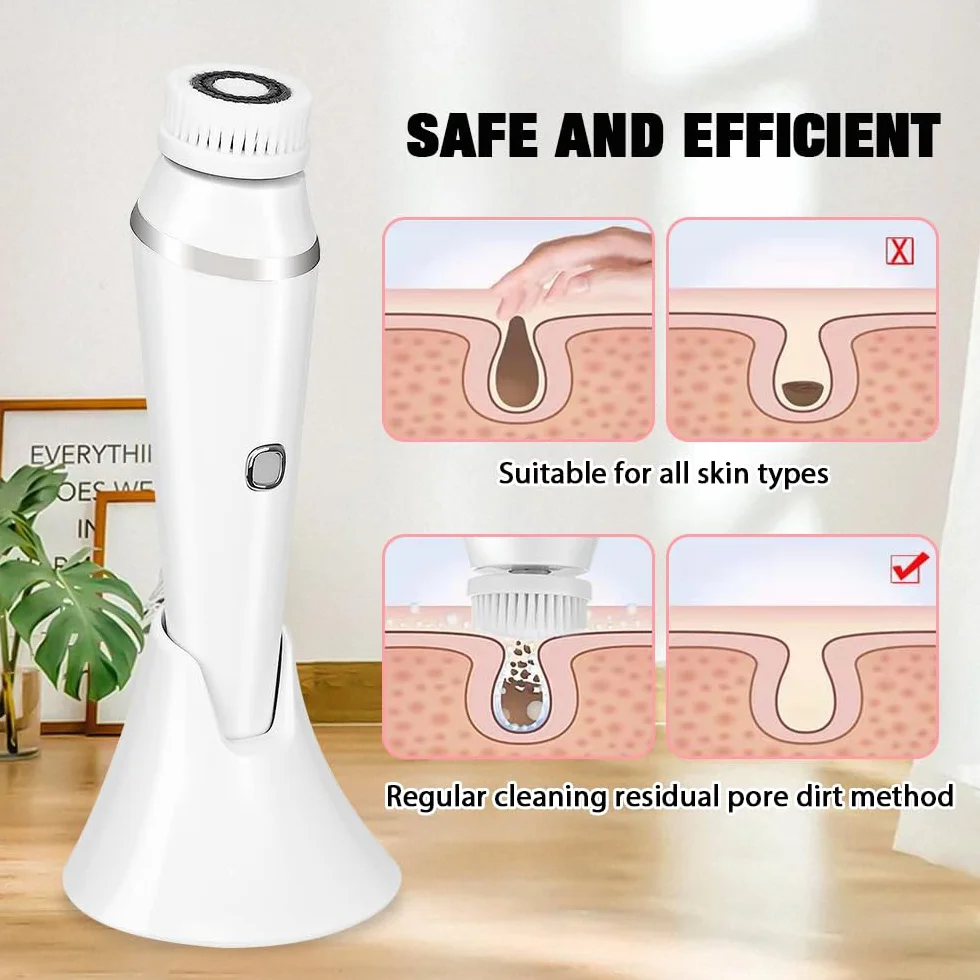 Cepillo de Limpieza Facial, Recargable Limpiador Facial Eléctrico con 4 Cabezales Cepillo facial Masajeador del rostro IPX7 Impermeable Para Todos los Tipos de piel