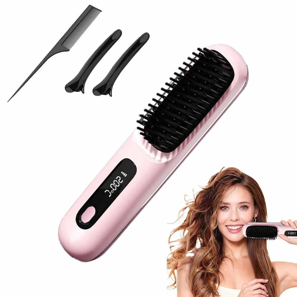 Cepillo eléctrico para el cabello, cepillo alisador inalámbrico, recargable, cepillo calefactor inalámbrico para mujeres y hombres, con pantalla LED, 3 niveles de temperatura, para alisar y rizar