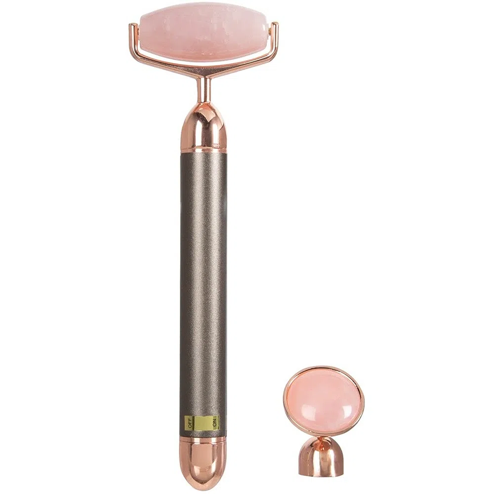 ForPro Professional Collection Rodillo de cara eléctrico y masajeador de ojos, herramienta vibrante 2 en 1 para el cuidado de la piel, cuarzo rosa
