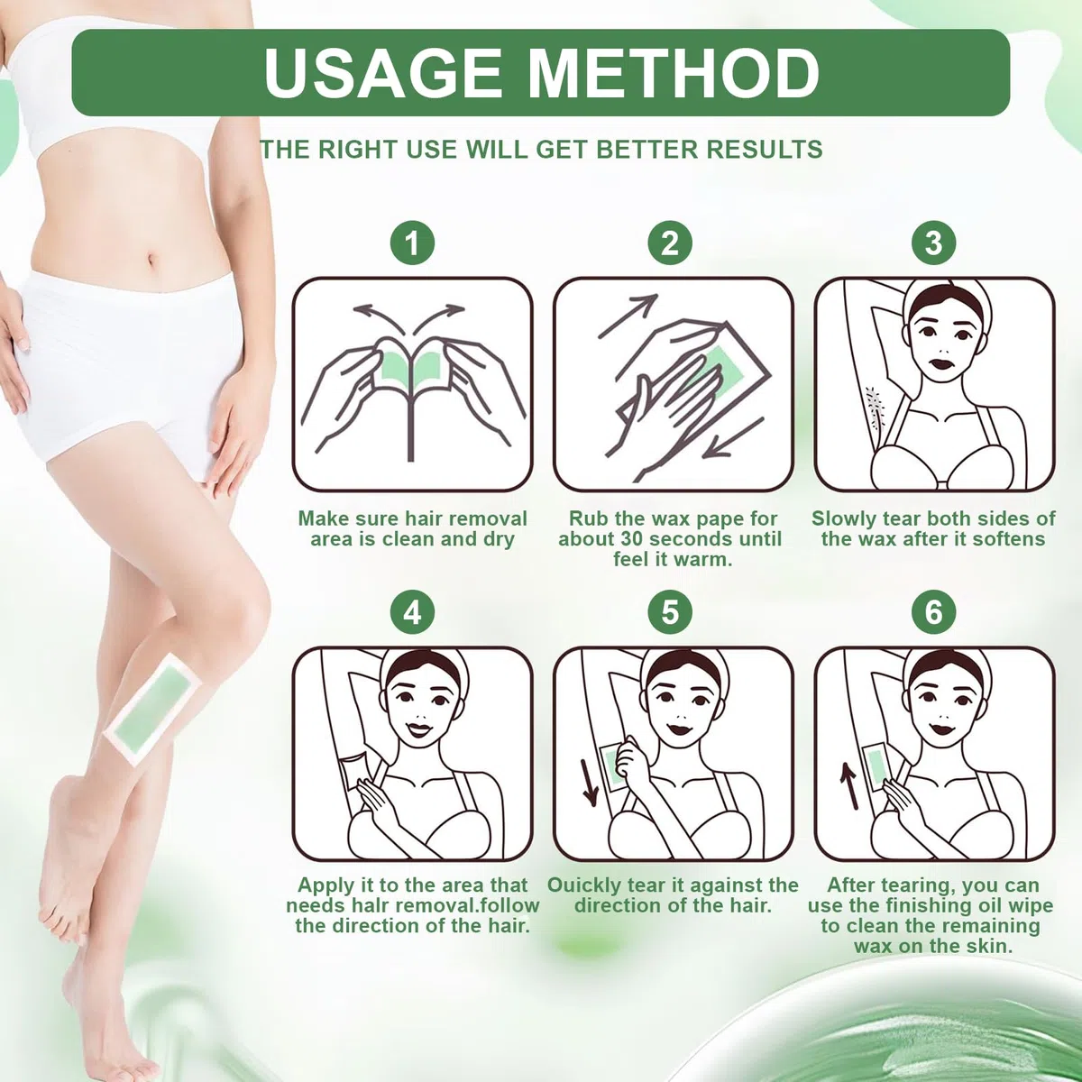 72 Piezas Bandas Depilatorias, Bandas para Depilación Con Cera, Cera Fría, Formulación Suave, Tiras Depilatorias Cera, para Piernas, Brazos y Zona Bikini, Verde