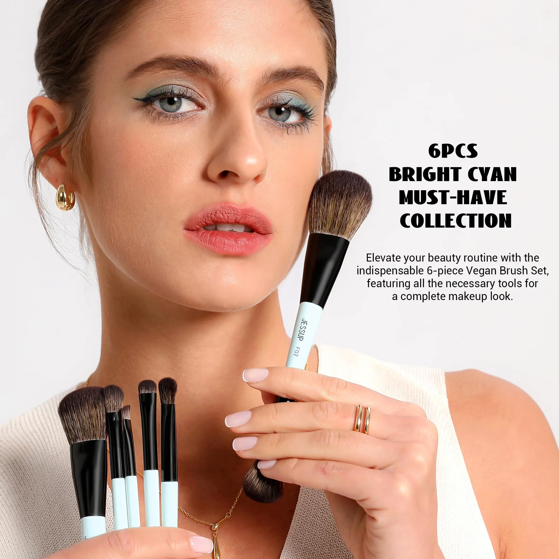 Jessup Set Brochas de Maquillaje 6pcs Brochas de Doble Punta para Rostro y Ojos Pincele Maquillaje Base,Sombra de Ojos,Contorno,Rubor,Iluminador, Difuminado,Cepillo de Cejas, Cian Brillante T501