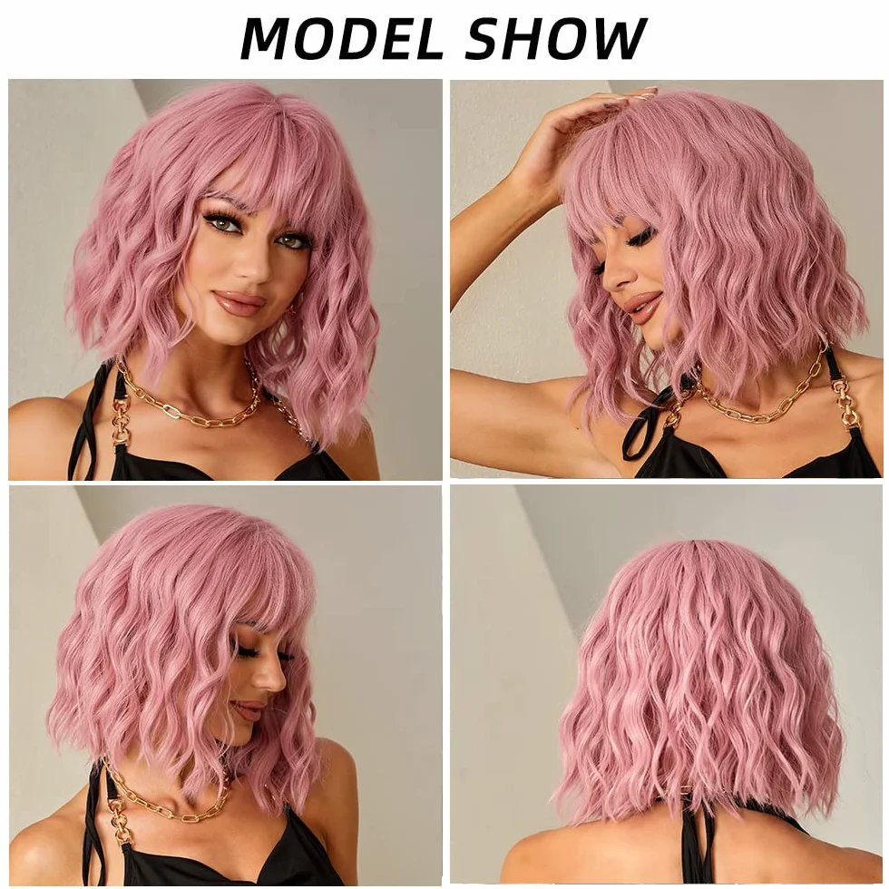 Esmee Peluca Bob Rosa Ondulada Corta para Mujeres Pelucas de Cabello Sintético Natural con Flequillo para Uso en Fiestas Cosplay -12 Pulgadas