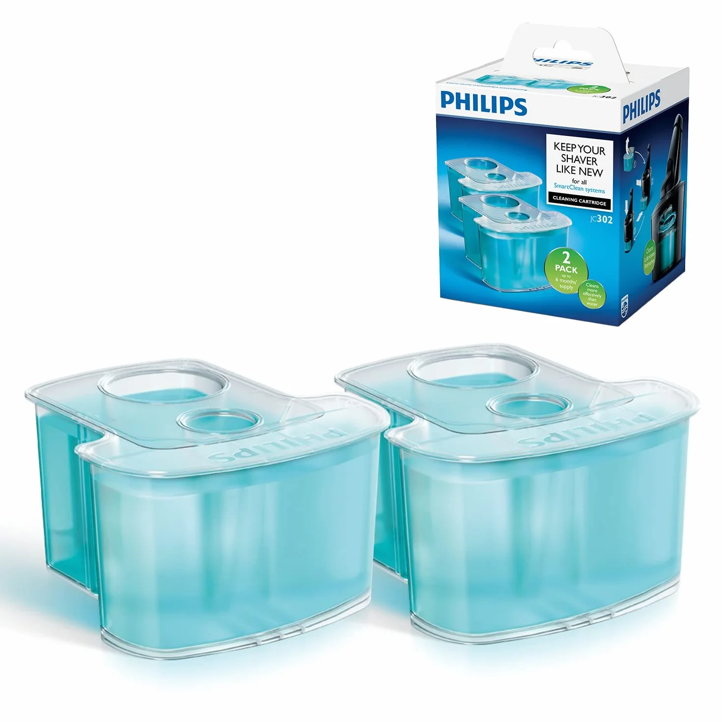 Philips JC302/50 - Cartuchos de limpieza con sistema de filtro dual y lubricacion activa, refrescantes, 2 unidades