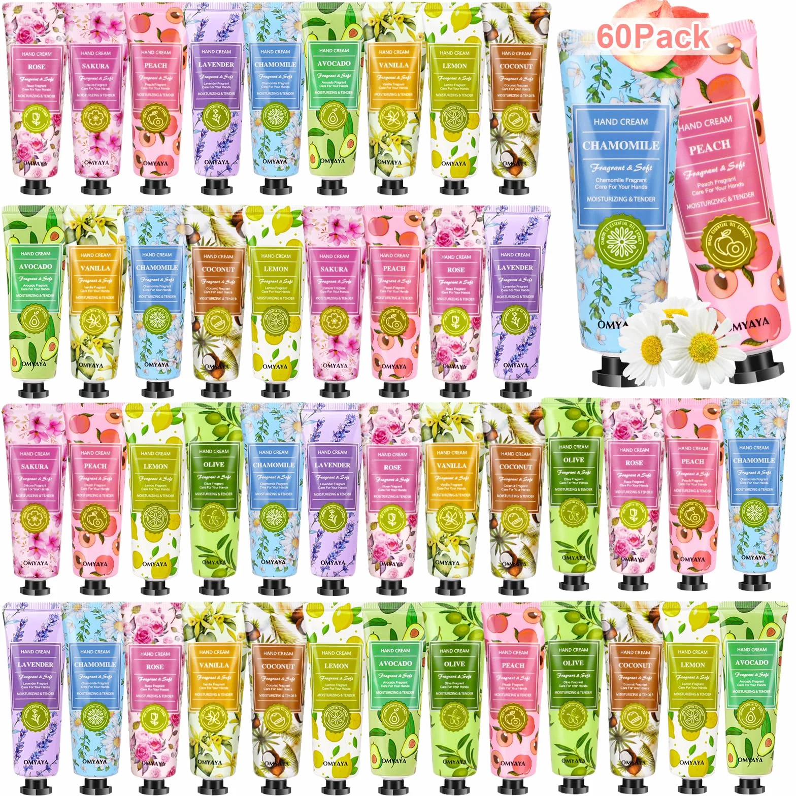 Cremas de Manos Mini, 60 x 30ml mini set de regalo para mujer crema mano perfumada para manos y pies, ideal para manos secas y agrietadas, pequeño regalo para mujer, novia, Navidad, cumpleaños