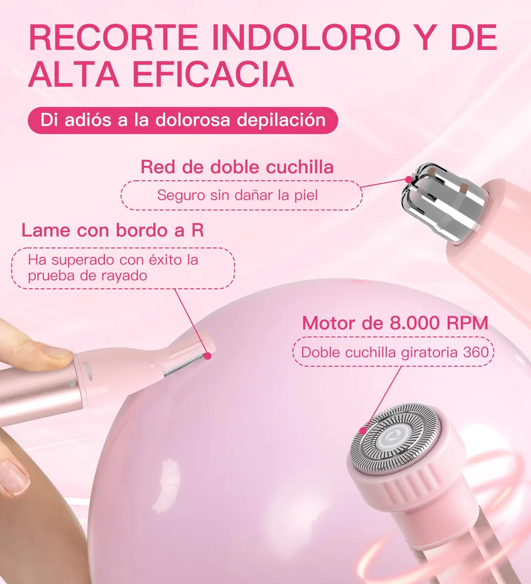 HEBECA Recortadora de vello nasal para mujer 3 en 1 - Recargable, impermeable, portátil con bolsa de viaje - Recorta nariz, oídos, cejas, vello fino, labios, barbilla, eliminador de vello facial (Rosa