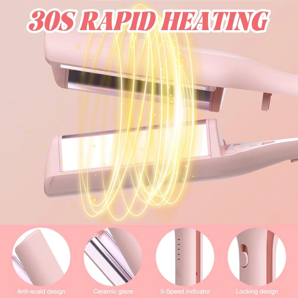 Rizador Pelo Ondas, 32 mm Rizador de Pelo, Ondulador de Pelo con 5 Temperaturas, Ondulador de Pelo Iónico, Rizador de Rollos de Huevo (Rosa)