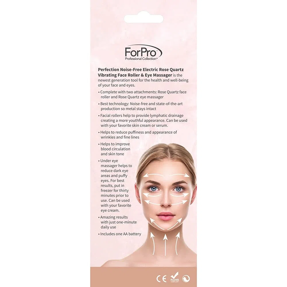 ForPro Professional Collection Rodillo de cara eléctrico y masajeador de ojos, herramienta vibrante 2 en 1 para el cuidado de la piel, cuarzo rosa