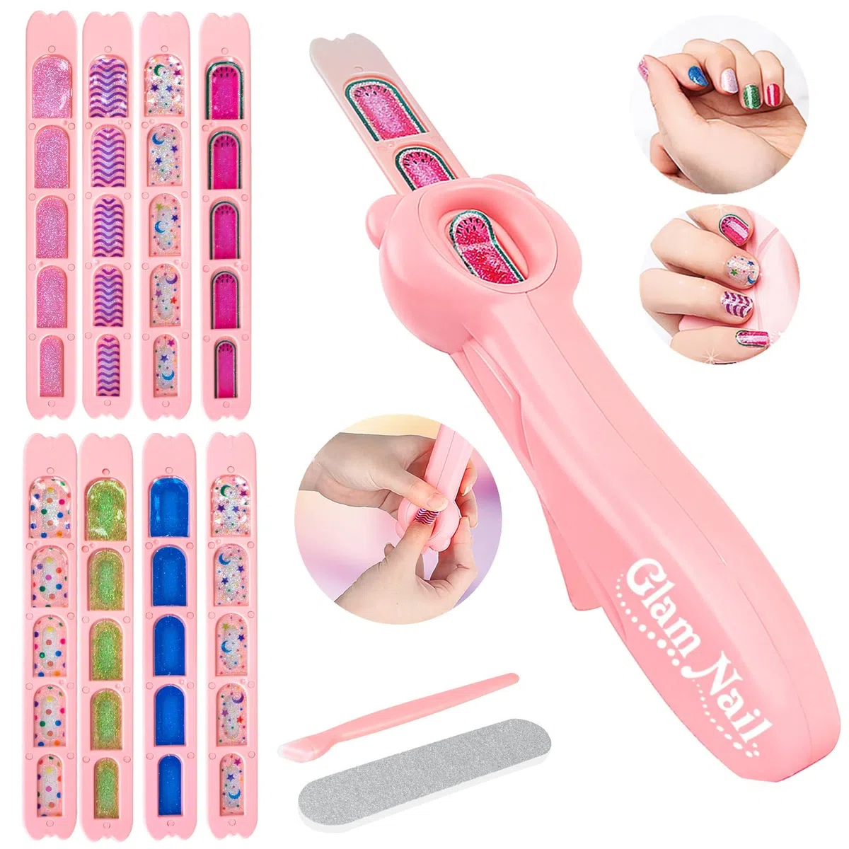 GLAM NAIL - Maquina Uñas Niñas, Kit Pegatinas Para Niña, Set Laminas Manicura, Juguetes Stickers Nails, Recambios Cosas Belleza Infantil, Juegos Con Pintauñas, Regalo Niños 6 7 8 9 10 11 12 Años