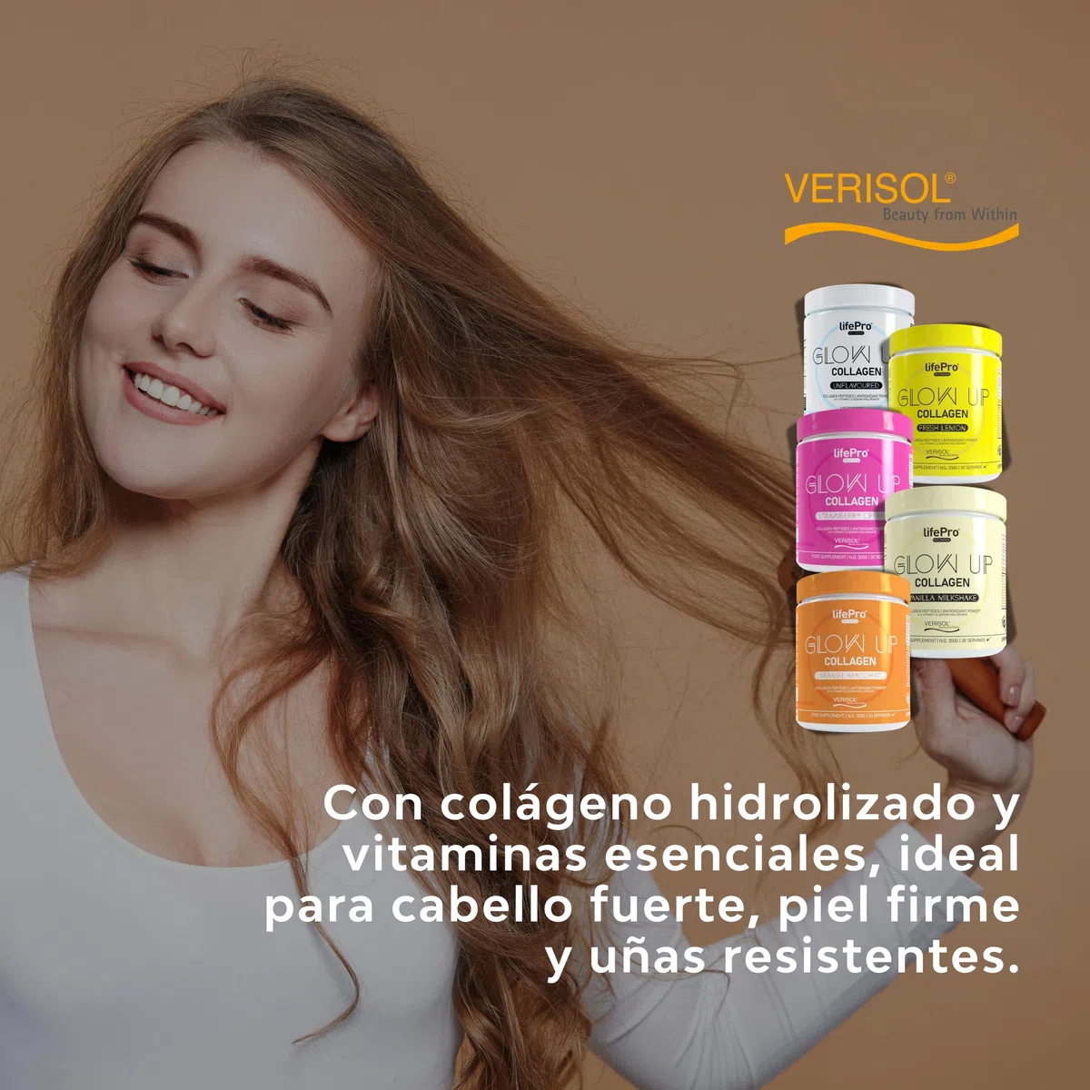 Life Pro Vitaminas para el Cabello Glow Up Beauty, Colageno Hidrolizado Puro, Anticaida Mujer, Crecimiento con Colageno Acido Hialuronico, Evita Caída del Cabello, Tratamiento Piel y Uñas con Verisol