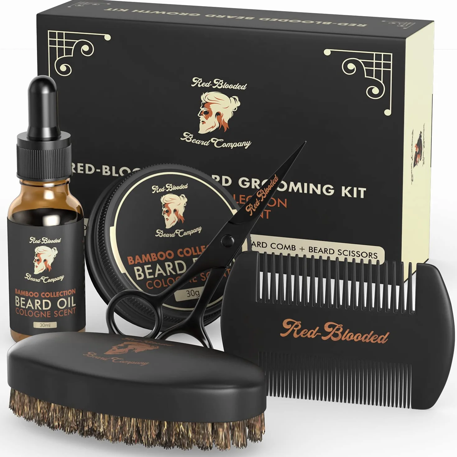 Red-Blooded kit barba hombre con aceite para barba, bálsamo para barba, cepillo para barba, peine para barba y tijeras para barba. Colonia perfumada hecha con aceite de jojoba y aceite de macadamia