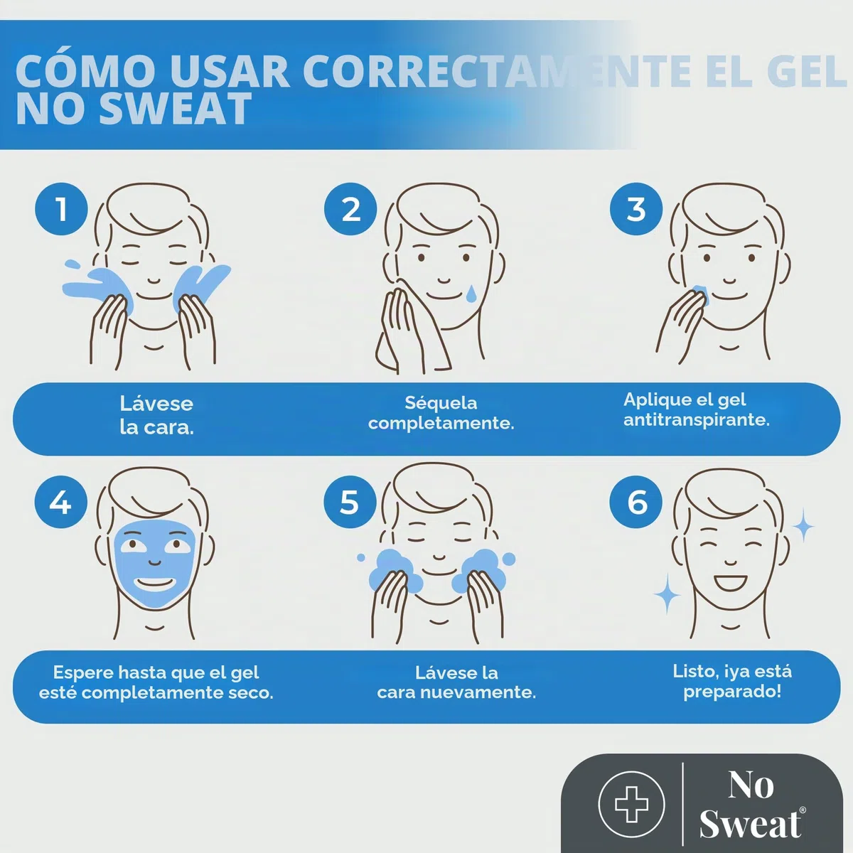 No Sweat Gel antitranspirante facial 50 ml. Para cara, cuello y nuca, ayuda a prevenir el exceso de sudoración y brillo, ideal para trabajo activo y gimnasio