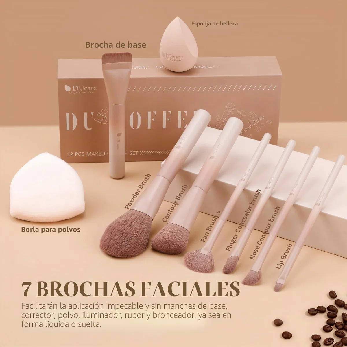 DUcare Juego de regalo de maquillaje de 14 piezas, set de 12 pinceles de maquillaje serie café con 2 esponjas de maquillaje para mezclar base, polvo facial, rubor, sombras de ojos