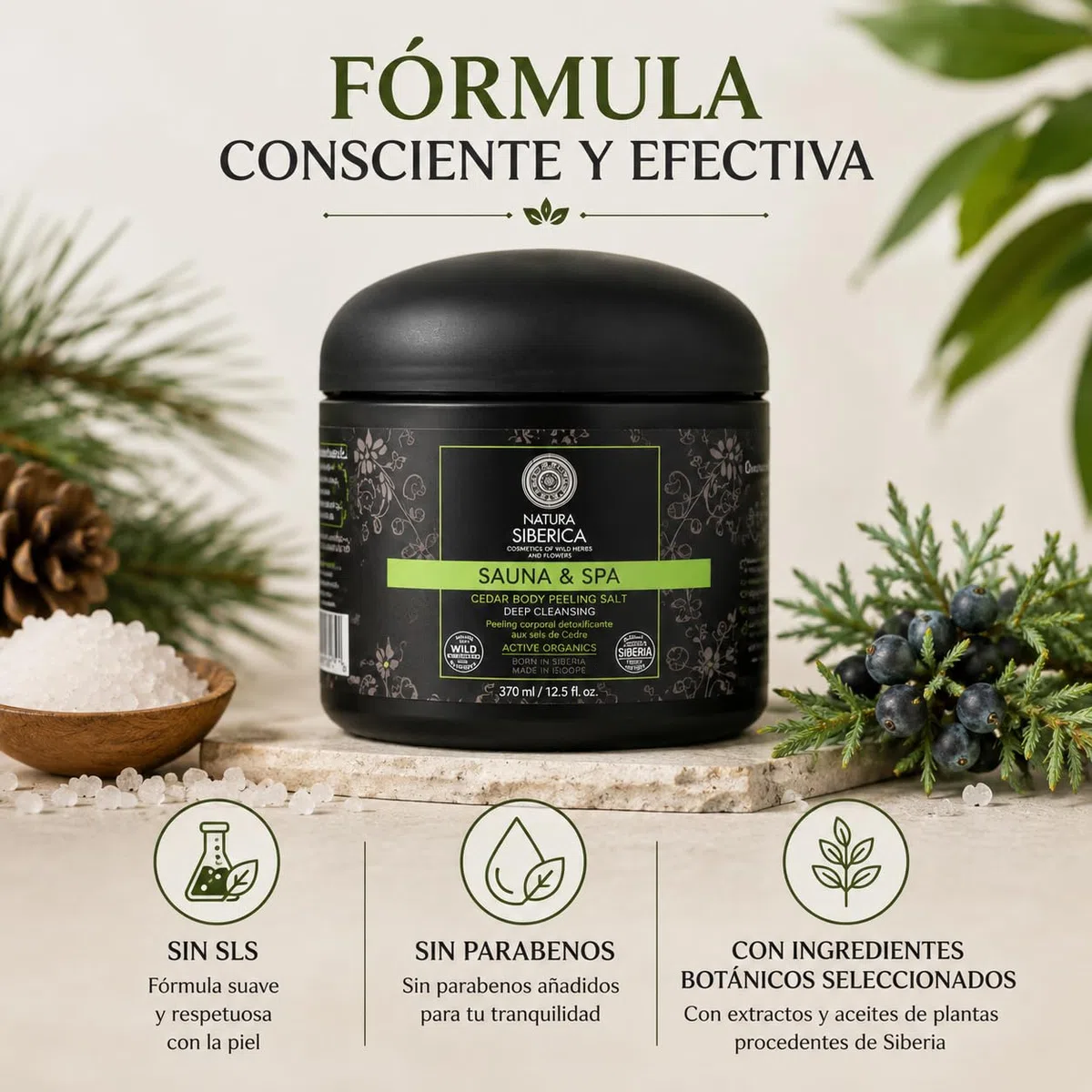 SAUNA&SPA Exfoliante Corporal Detox a Base de Sal con Aceite de Cedro Orgánico y Enebro Siberiano, Peeling Corporal Natural para Suavizar y Purificar la Piel, sin SLS ni Parabenos, 370 ml