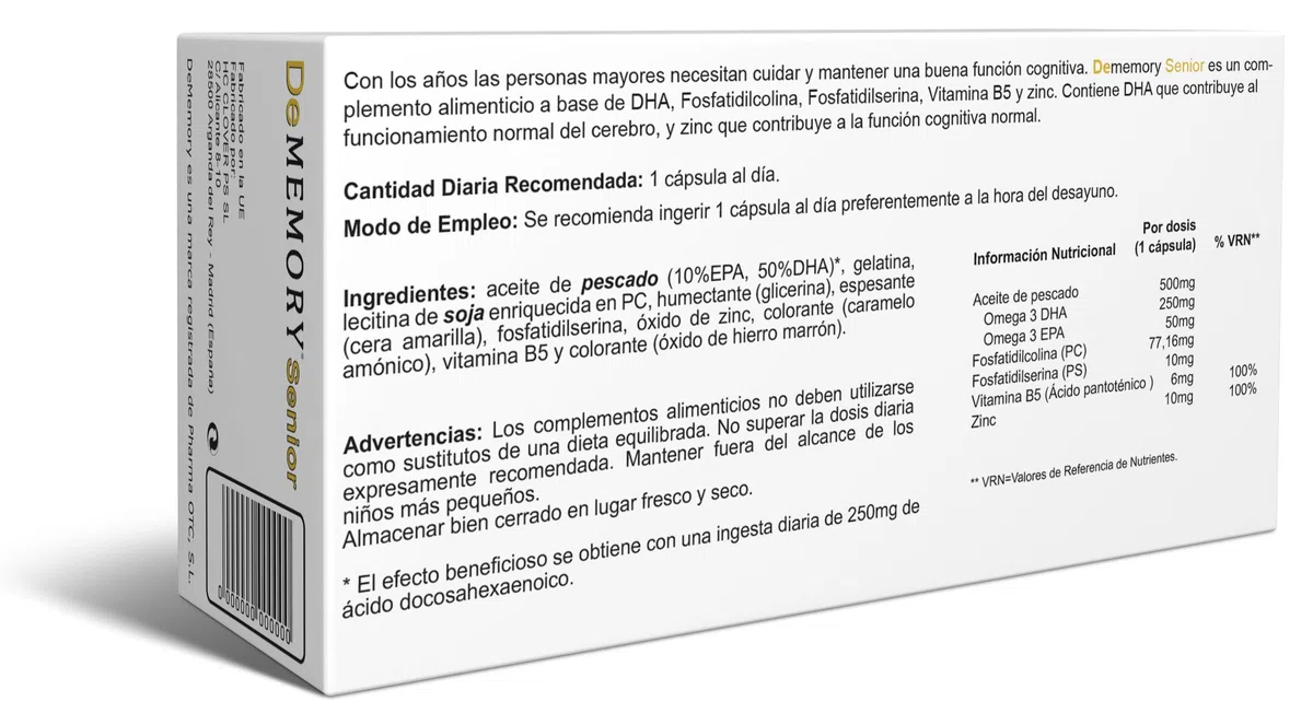 DeMemory Senior 60 Cápsulas - Contribuye al Funcionamiento Normal del Cerebro en Personas Mayores - con DHA, Fosfolípidos, Vitamina B5 y Zinc