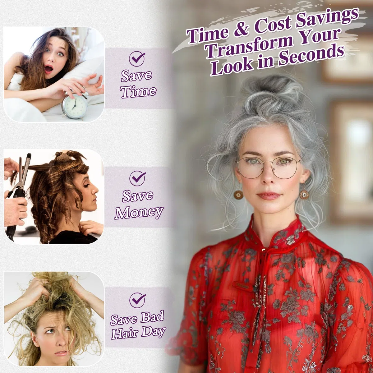 BARSDAR Humanos Moños Postizos, Natural Humano Moño Postizo de Pelo Extensiones para Mujer Gris Postizos Pelo Bun Extensiones de Cabello Desordenado Updo Postiza - Gris Mixto