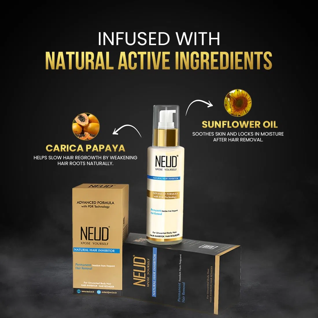 NEUD Inhibidor de cabello natural para la reducción permanente del cuerpo y el vello facial no deseados en hombres y mujeres, paquete de 1