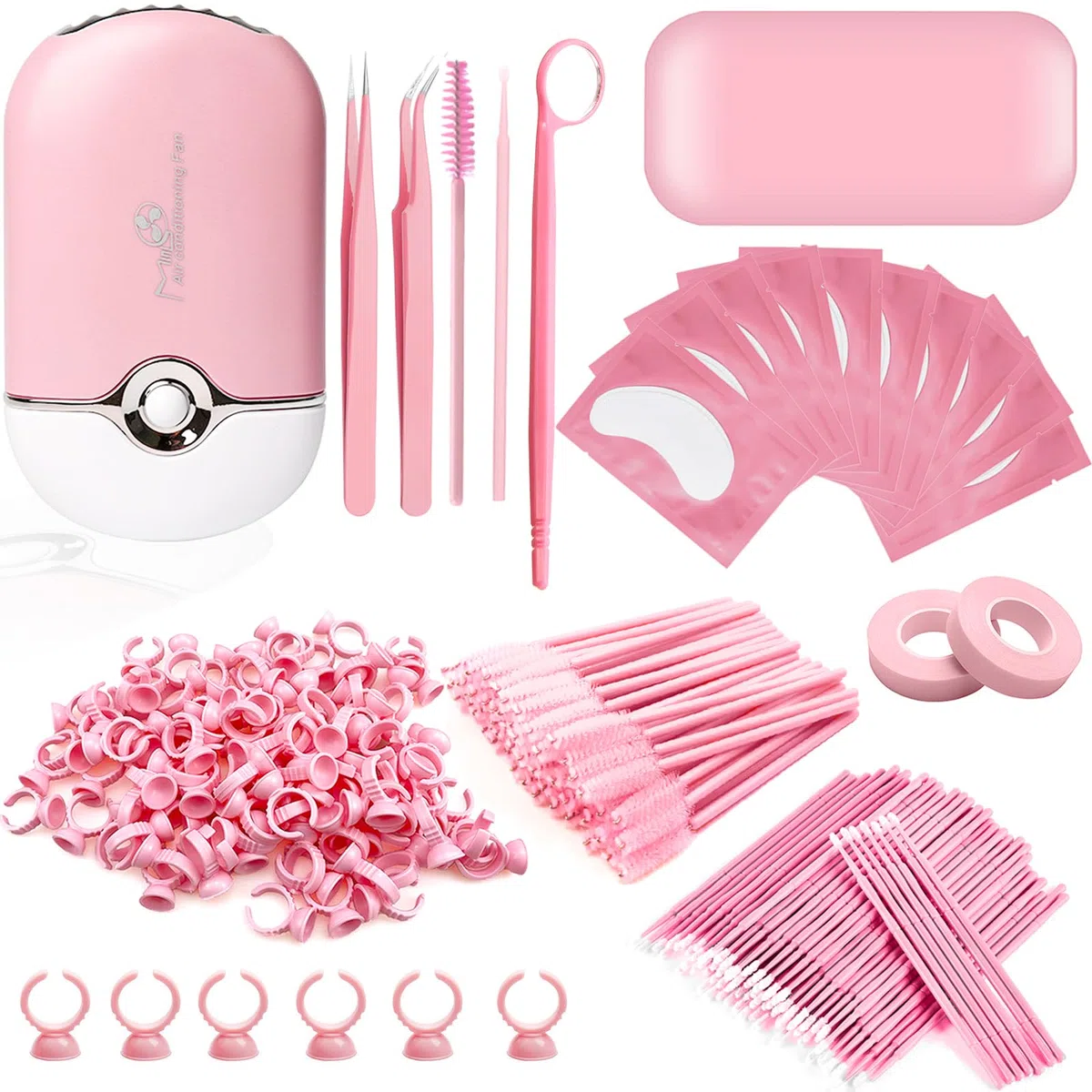 Kit de Extensión de Pestañas USB Ventilador de Aire Acondicionado Cepillos de Pestañas Micro Aplicadores Soporte de Pegamento Espejo Parches para Pestañas Cinta Almohadillas de Silicona Pinzas