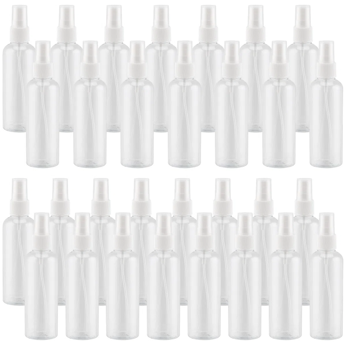 LEXININ 30 botellas de spray de plástico transparente de 100 ml, botellas de spray transparentes con tapas, pequeña botella de spray vacía para limpieza, viajes