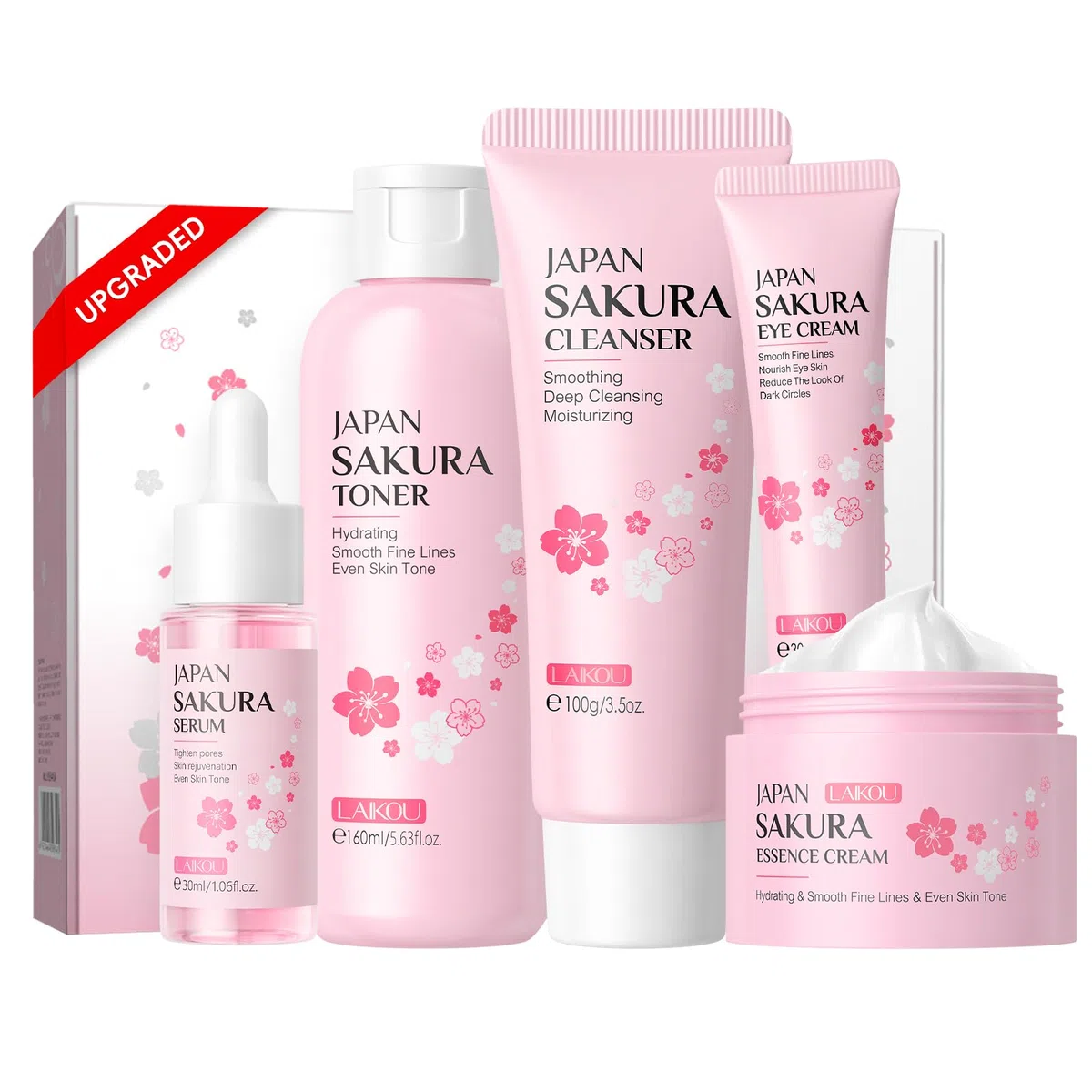 LAIKOU Kit Sakura de Cuidado de la Piel, 5 Piezas Hidratantes, Set Regalo para Mujeres y Adolescentes, Limpiador, Tónico, Suero, Crema para Ojos y Crema Facial