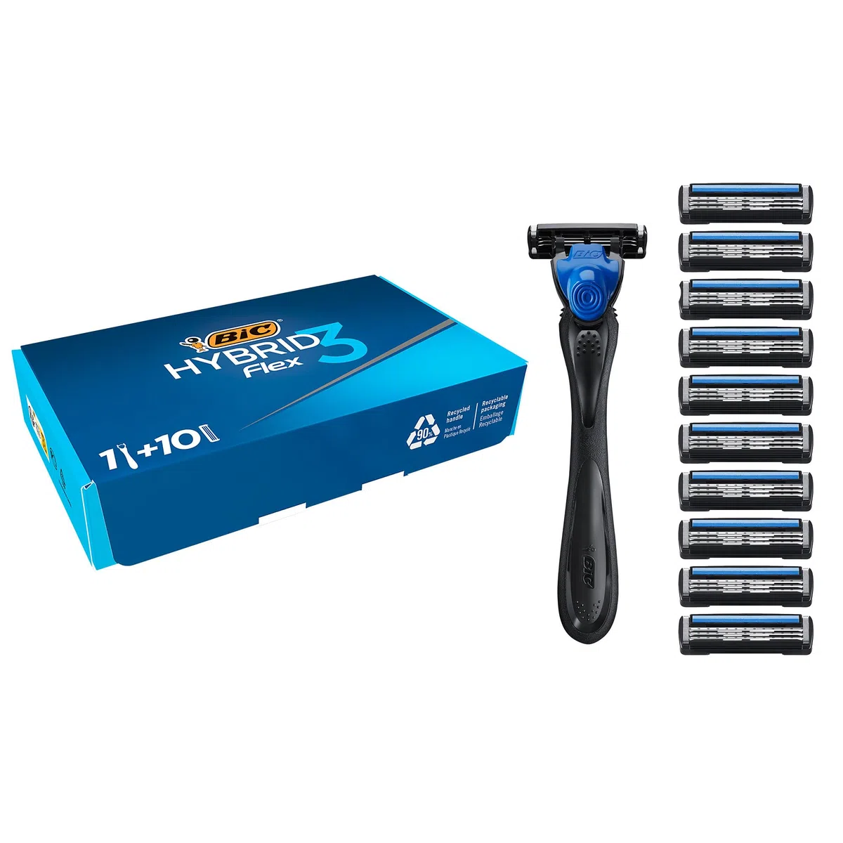 BIC Hybrid 3 Flex - Maquinilla de Afeitar Hombre + 10 Cuchillas de Recambio de 3 Hojas, Banda Lubricante y Mango Plástico Reciclado