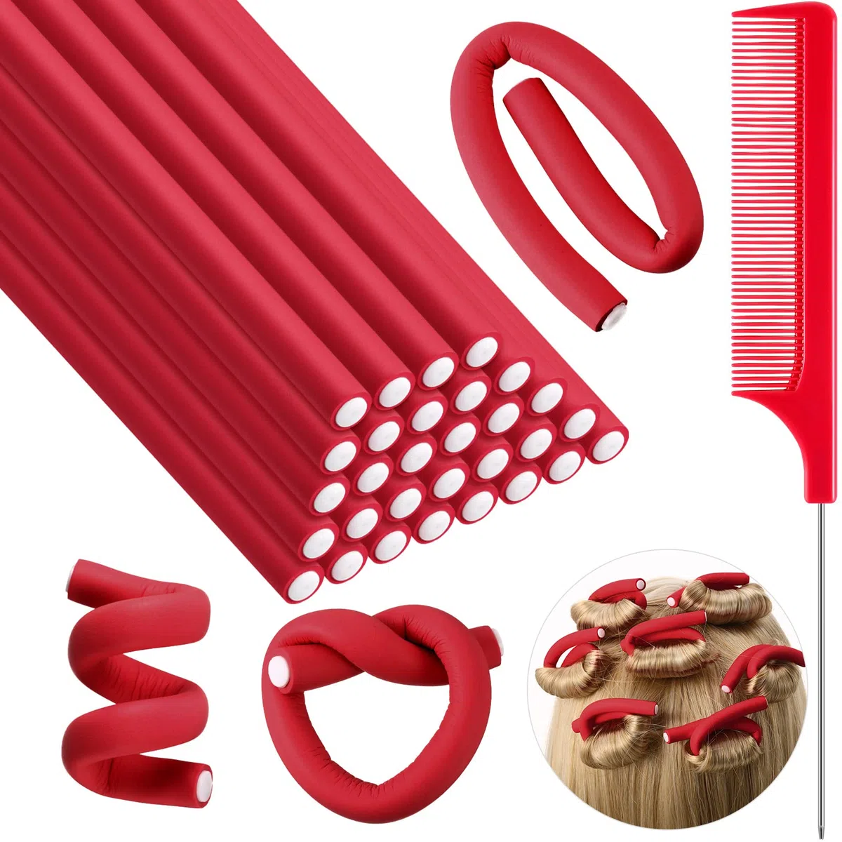 Syhood 30 varillas rizadoras flexibles, rizadores de pelo trenzado de espuma suave, sin calor y 1 peine de cola de rata de acero para mujer, cabello largo y corto (17,8 x 1 cm, rojo)