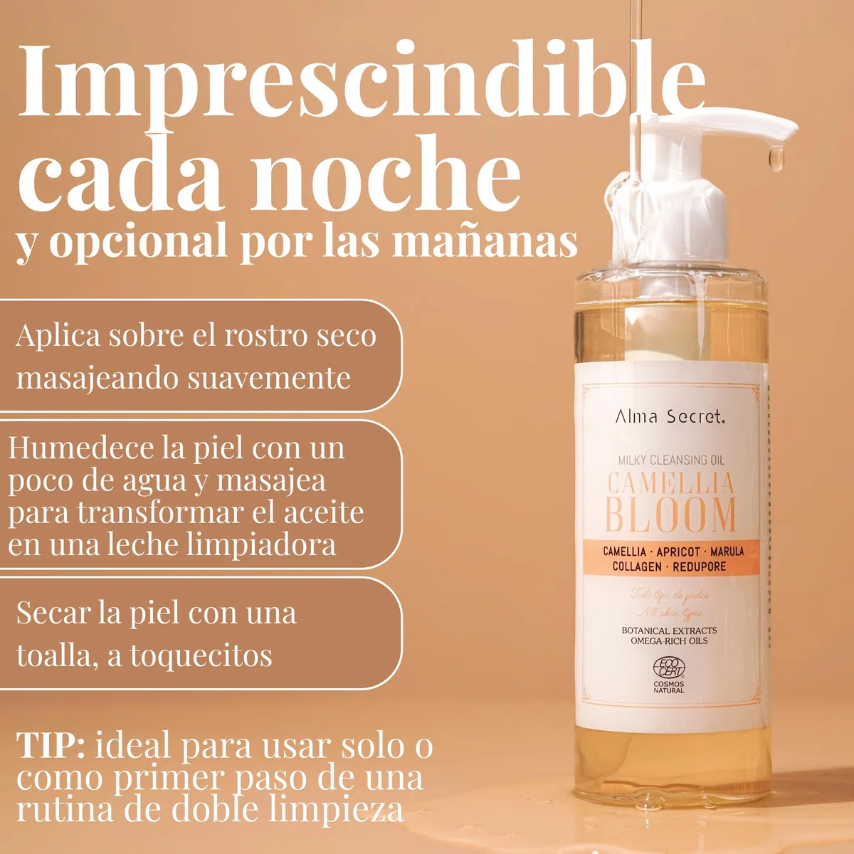 Alma Secret | Aceite Limpiador Facial Desmaquillante Camellia Bloom | Oil Cleanser Doble Limpieza | Elimina Maquillaje Waterproof e Impurezas | Oil to Milk | Afina Poros | Todo Tipo de Pieles | 200 ml