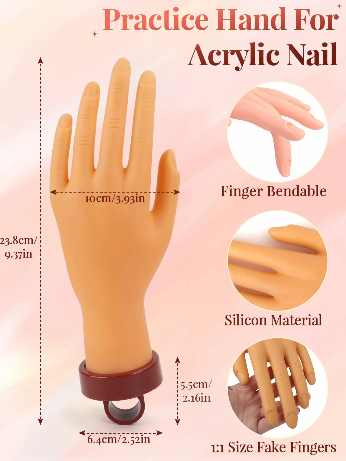 LIONVISON Mano para Practicar Uñas acrílicas, Manicura Flexible Mano de Practicas de Uñas y 200 Piezas de Uñas Acrilicas para Uñas Manicural