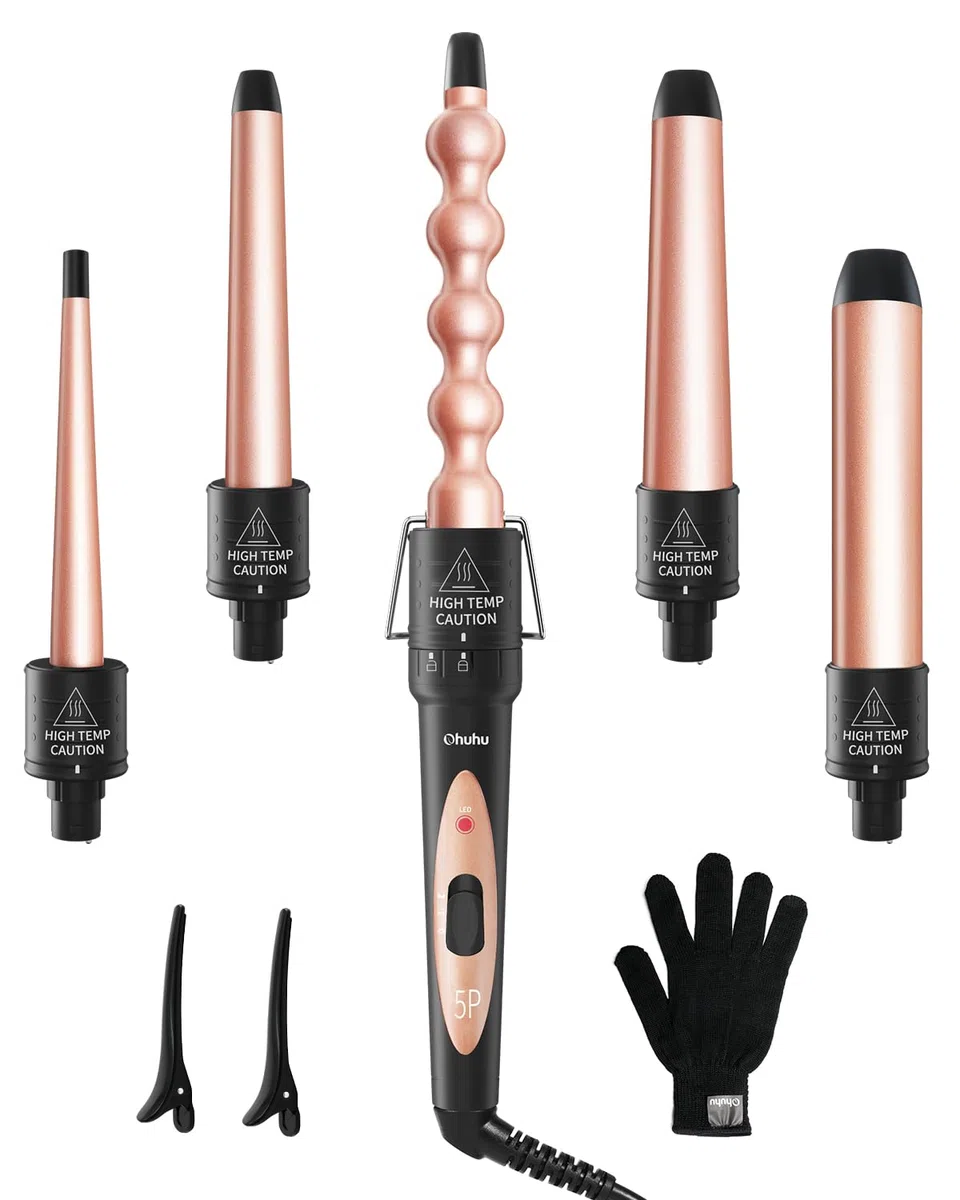 Rizador Pelo 5 en 1, Ohuhu Tenacillas De Pelo Profesional con Barril Cerámico Intercambiable y Guante Protector Para Todo Tipo de Cabello, Calentamiento Instantáneo y Temperatura Ajustable