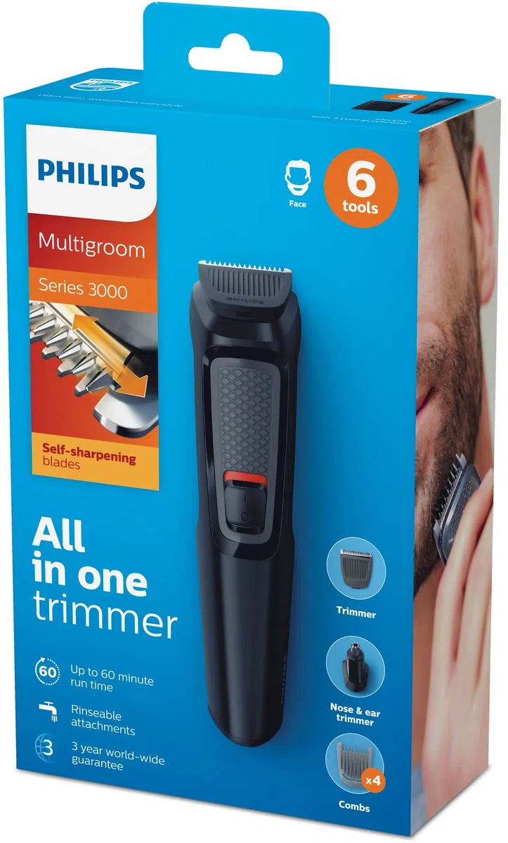 Philips MULTIGROOM Series 3000 MG3710/13 cortadora de pelo y maquinilla Negro Recargable - Afeitadora (Negro, Rectángulo, Barba, Oído, Ceja, Moustache, Nariz, Acero inoxidable, 60 min, Integrado)