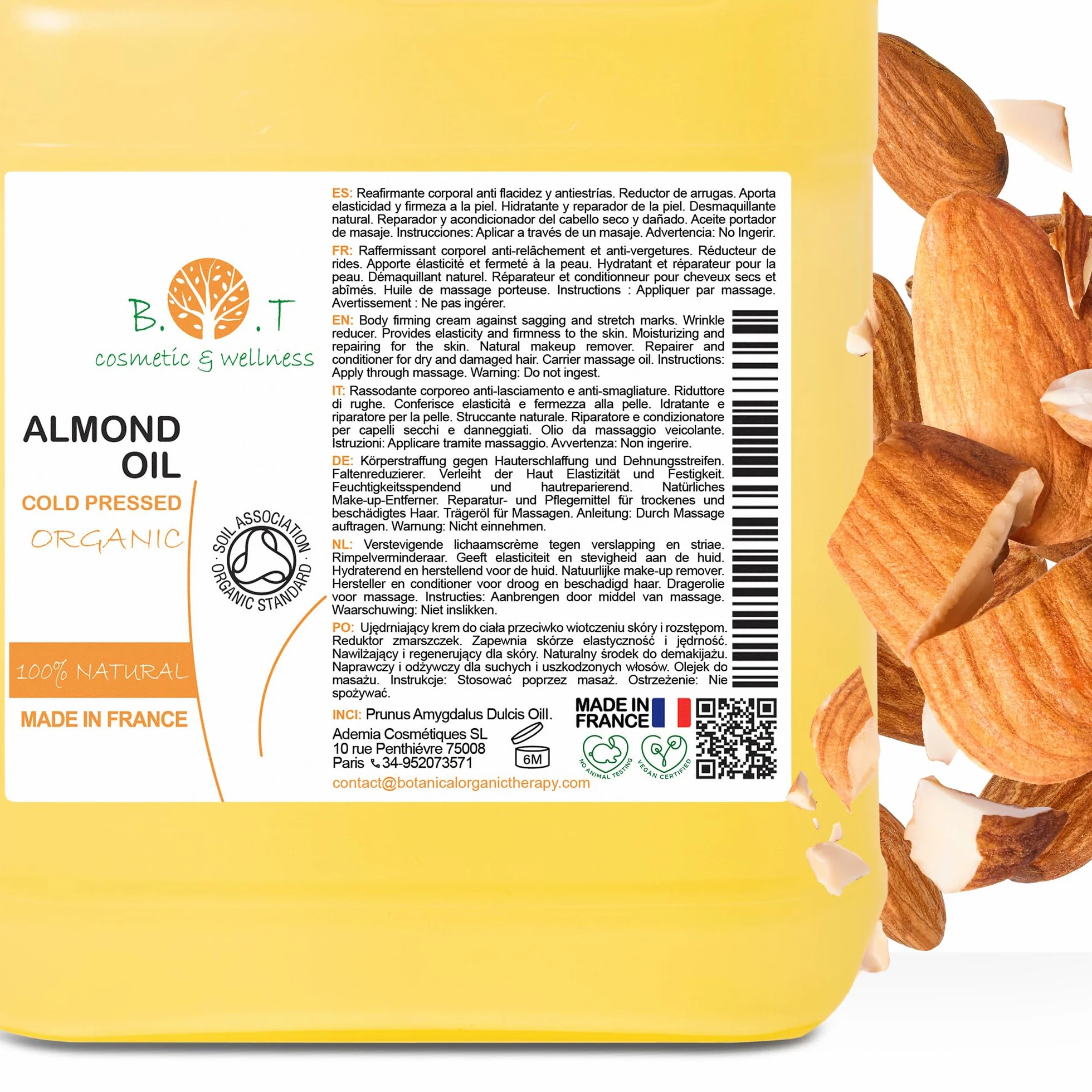 Aceite de Almendras, Organico, Prensado en Frio, Puro, Natural. Aceite Masaje Profesional, Aceite Cabello y Pestañas, Hidratante Corporal Manos, Uñas, Antiedad, Estrias, Embarazo, 1000 ml