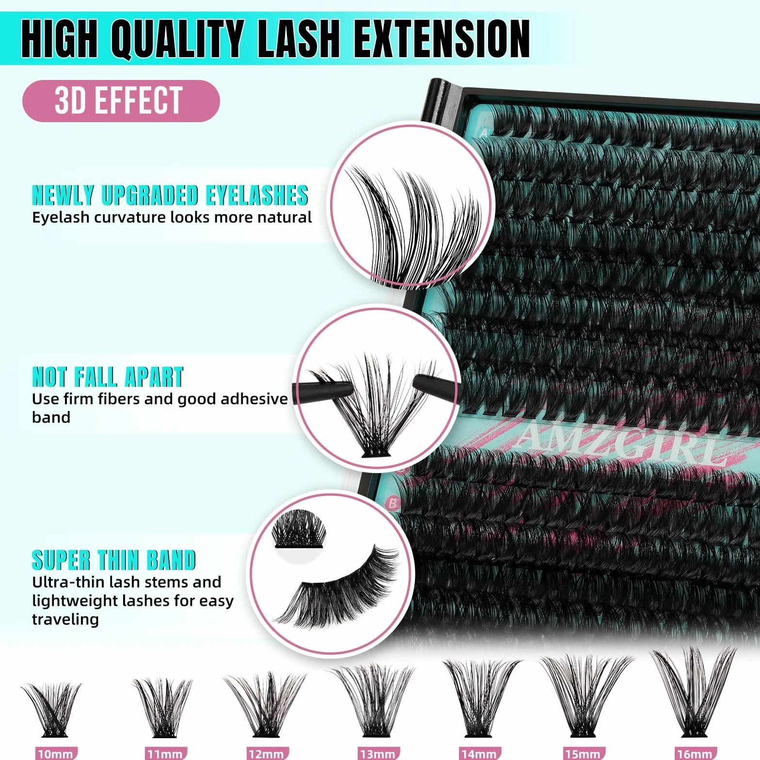 Kit de Extensiones de Pestaña 320 Piezas, DIY con Pegamento y Sellador, Removedor de Pestañas (7090D, Kit D-Mix 10-16mm)