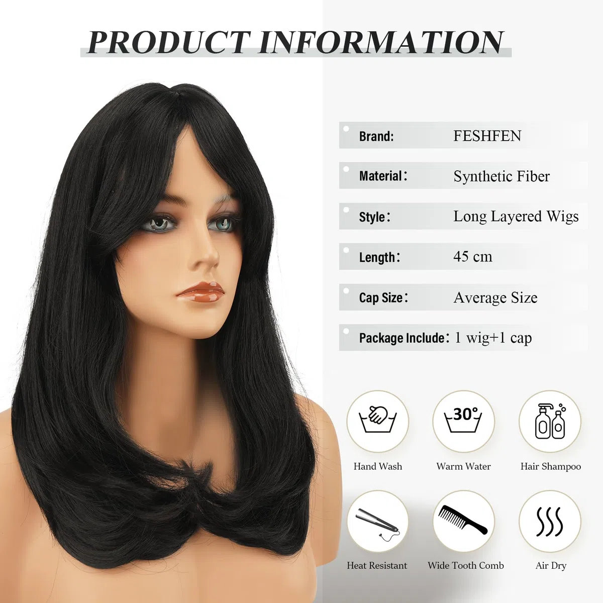 FESHFEN Larga Pelucas con Flequillo, Sintética de Cabello Natural Peluca de Pelo para Mujeres, 45 cm Negro