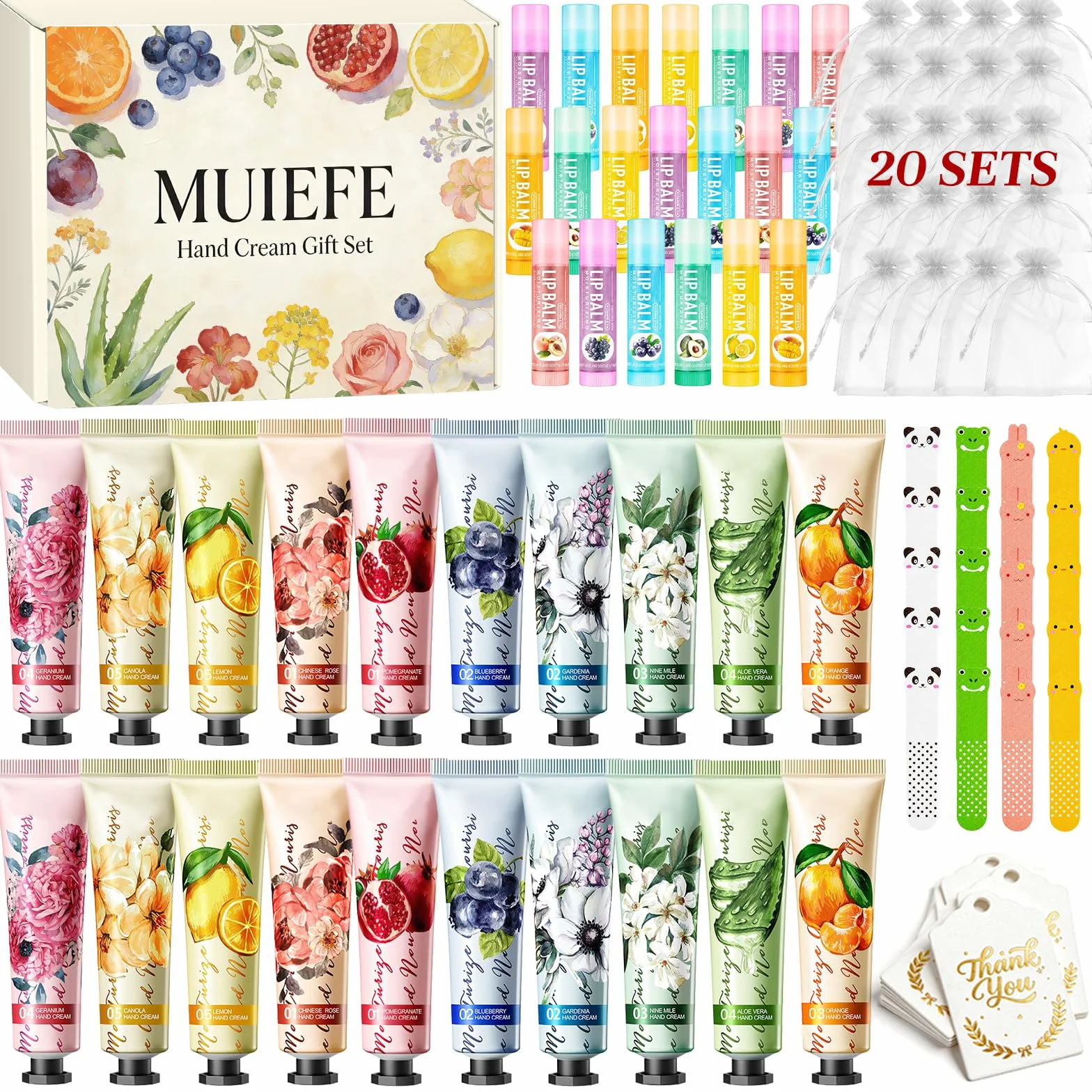 Set de Regalo de 100 Piezas con Crema de Manos, Mini Regalos para Mujeres que Incluyen Cremas de Manos, Bálsamos Labiales, Mini Limas de Uñas, Bolsitas de Organza y Tarjetas de Agradecimiento