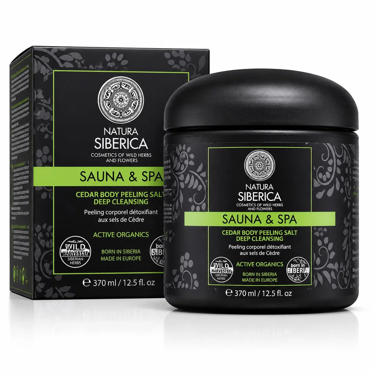 SAUNA&SPA Exfoliante Corporal Detox a Base de Sal con Aceite de Cedro Orgánico y Enebro Siberiano, Peeling Corporal Natural para Suavizar y Purificar la Piel, sin SLS ni Parabenos, 370 ml