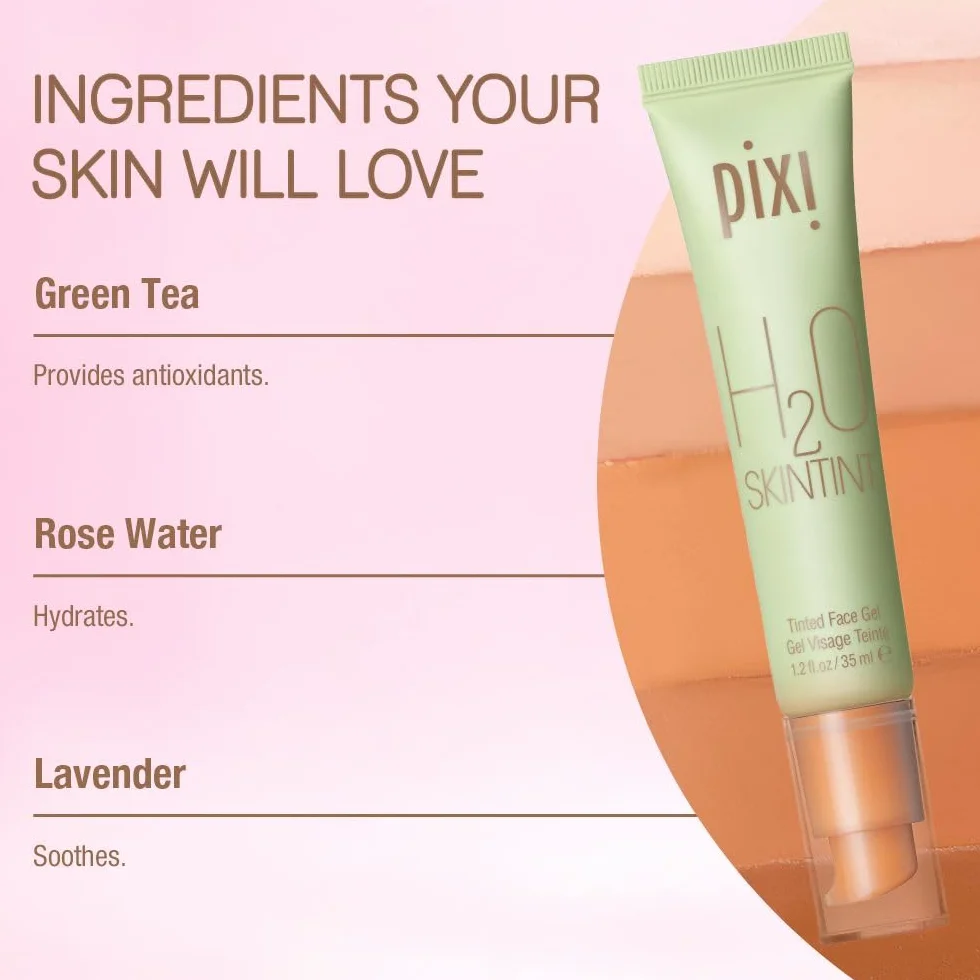 Pixi H2O Skintint | Gel Hidratante con Color | Ligero, Hidratante y Resistente al Agua | Uniformiza el Tono y Reduce el Enrojecimiento | En el Color " Honey” | 1.2 fl oz/35 ml