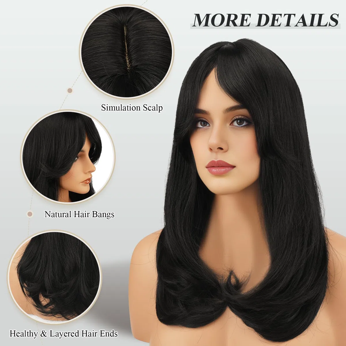FESHFEN Larga Pelucas con Flequillo, Sintética de Cabello Natural Peluca de Pelo para Mujeres, 45 cm Negro