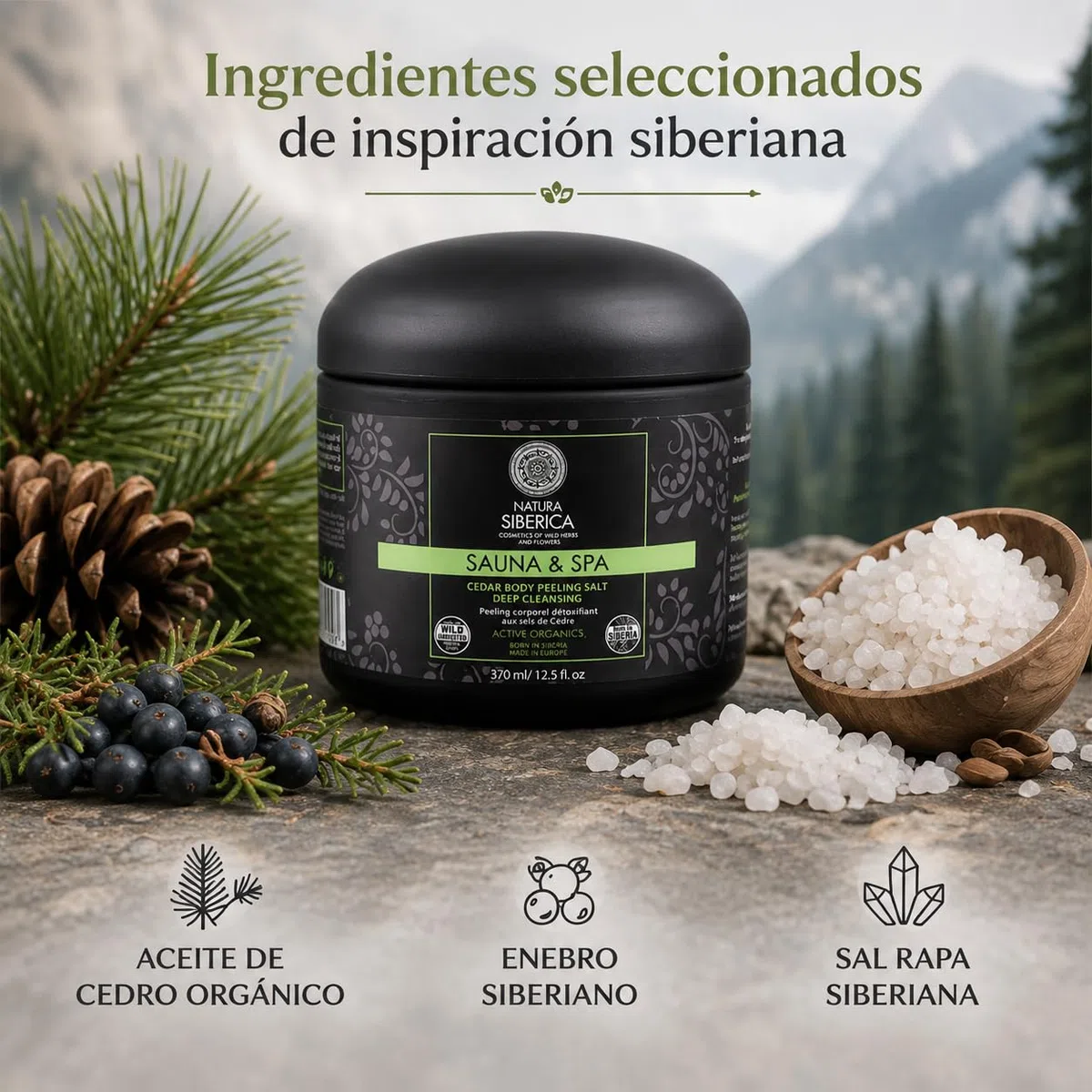 SAUNA&SPA Exfoliante Corporal Detox a Base de Sal con Aceite de Cedro Orgánico y Enebro Siberiano, Peeling Corporal Natural para Suavizar y Purificar la Piel, sin SLS ni Parabenos, 370 ml
