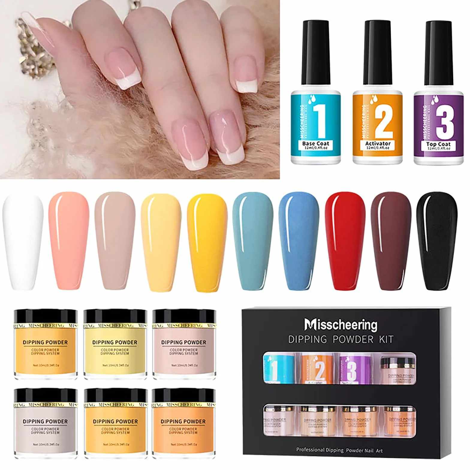 Kit de Polvo de Inmersión de Uñas, RoseFlower Juego de Iniciación en polvo para uñas 6 Colores Nude, polvo de Inmersión Rojo Purpura, Kit Manicura Francesa con Capa Base, Capa Top