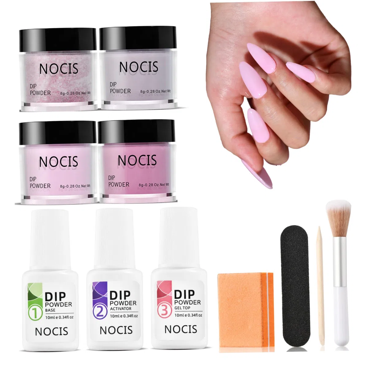 Kit de uñas en polvo de inmersión, kit de polvo de inmersión de uñas de 4 colores para arte de salón de bricolaje en el hogar, acabado brillante o esmerilado con activador de capa superior base, mani