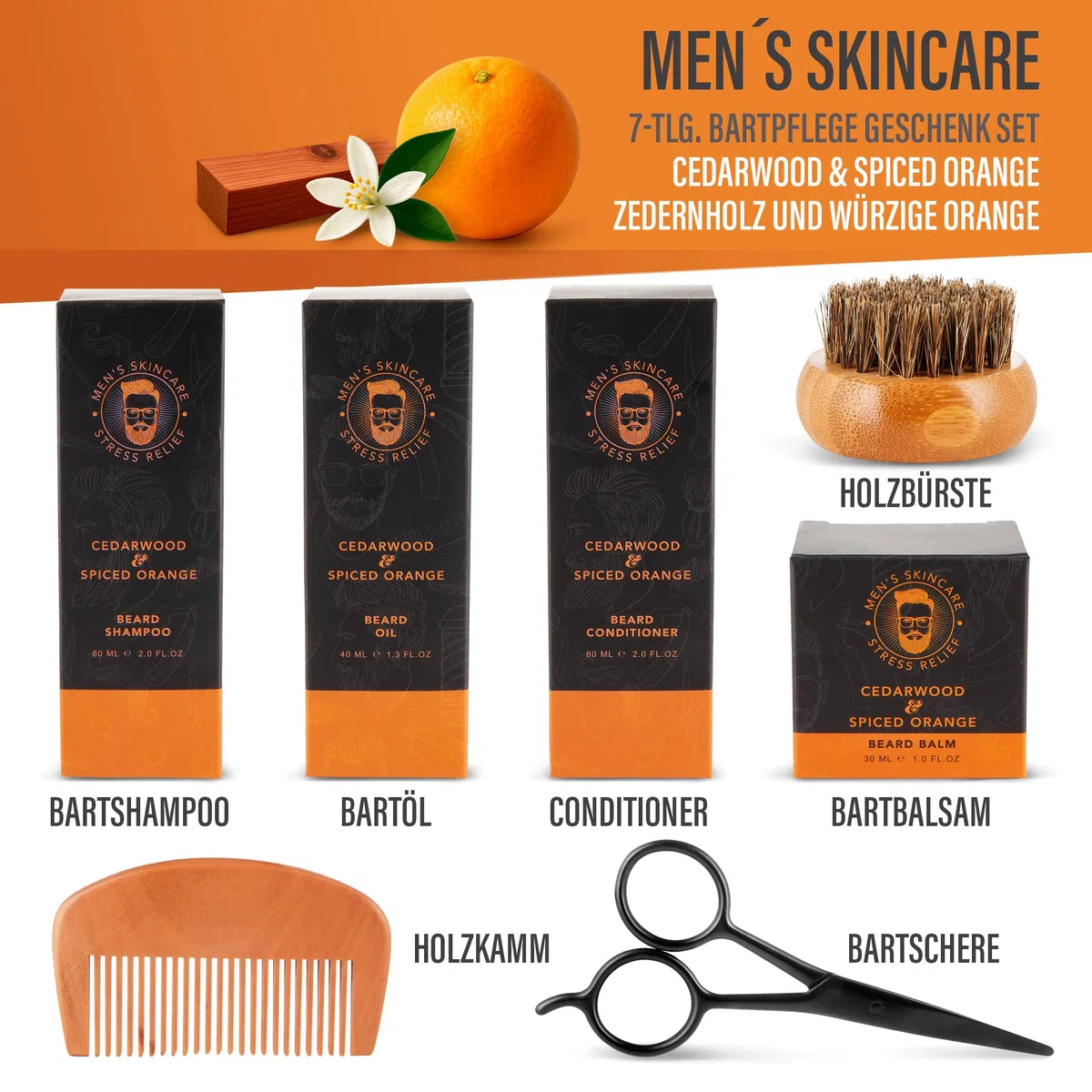 BRUBAKER Kit de Barba de 7 Piezas con Champú para Barba, Acondicionador para Barba, Aceite, Bálsamo, Cepillo para Barba, Peine, Tijeras para Barba - Regalos Hombres - Kit de Mantenimiento para Barba