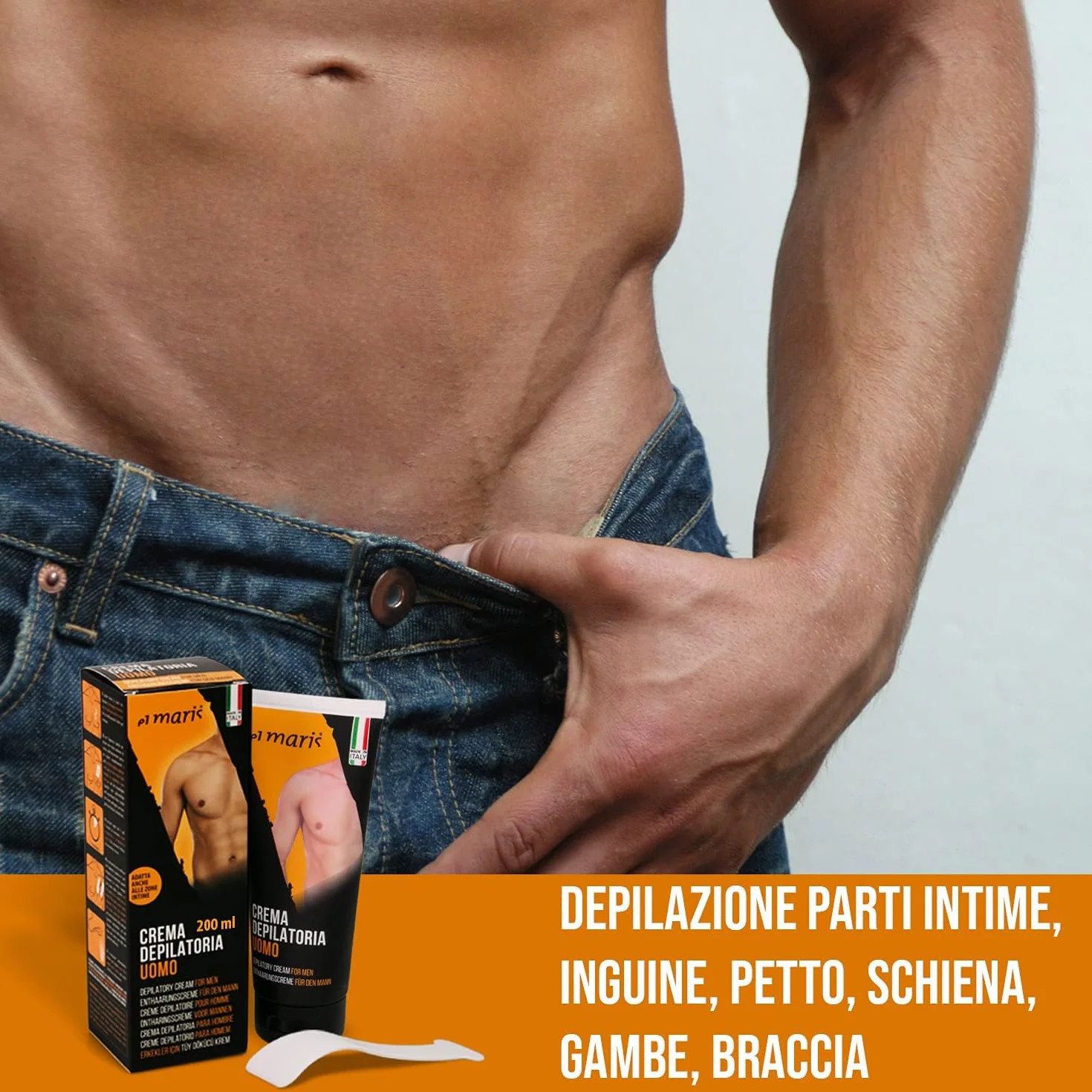 Elmaris - Crema depilatoria para hombre ultrarrápida y lenitiva, con Manteca de Karité y Bisabolol. Depilación de las partes íntimas, pecho, espalda, piernas, brazos. 2x200ml