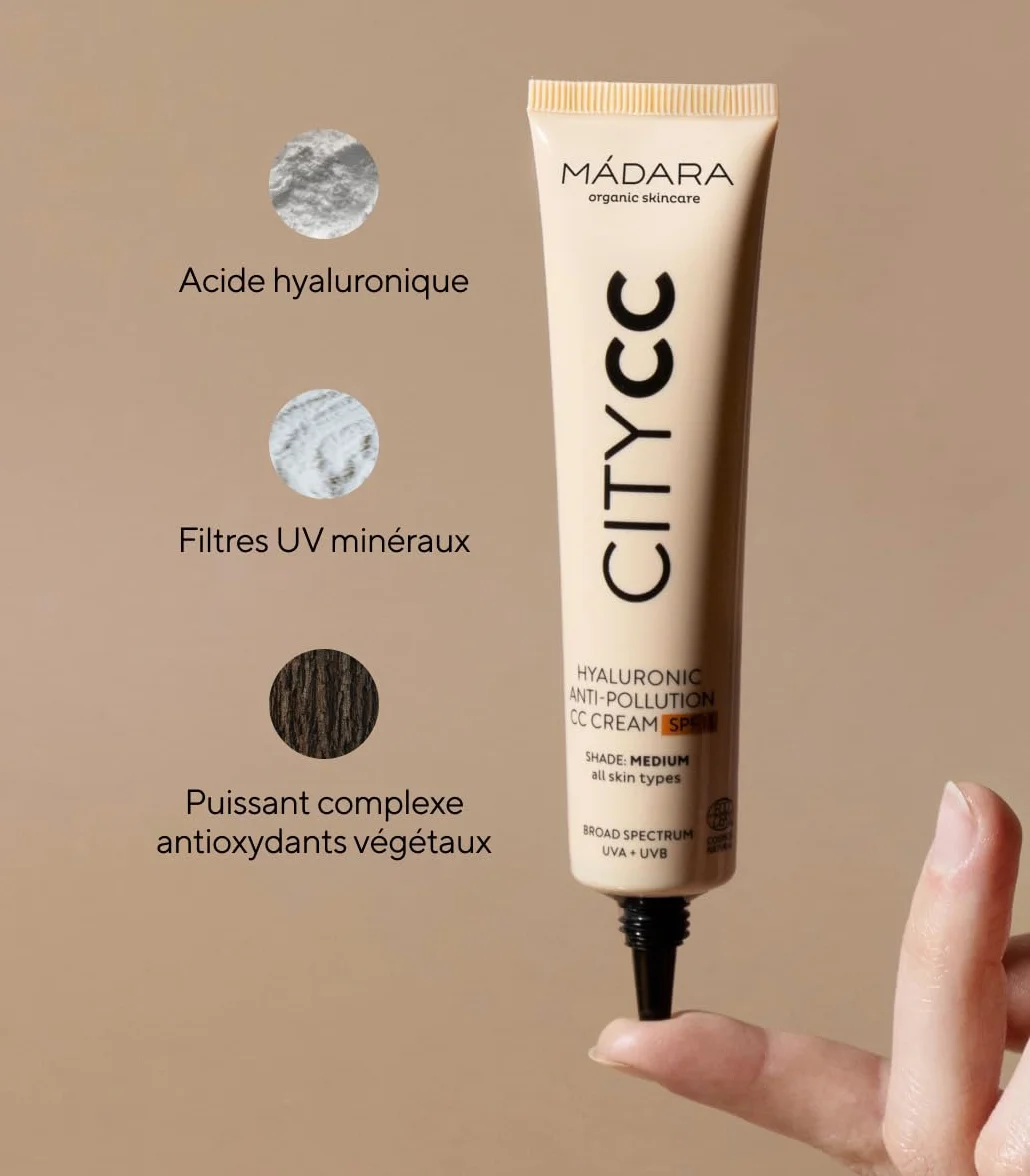MÁDARA Organic Skincare | CITY CC Crema CC Antipolución con Ácido Hialurónico SPF15#Medium 40 ml – Con Ácido Hialurónico y Protección Solar de Amplio Espectro UVA/UVB, Textura Ligera y Sedosa